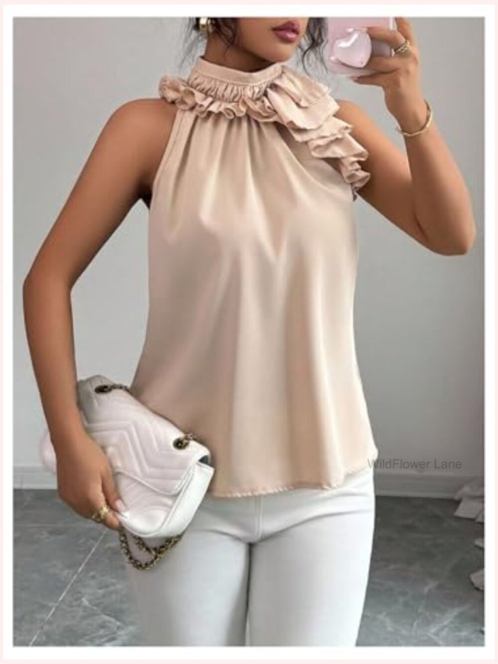 Elegant Blouse Ruffle Trim Sleeveless Mock Neck Halter Tank Top Office Outfit - Picture 5 of 6